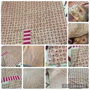 Vintage Hand Stitched Medallion Quilt Pink Tan Tufted Cutter Quilt Restoration